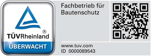 TÜV Rheinland zertifiziert — Fachbetrieb für Bautenschutz, überwacht, ID 9100003483