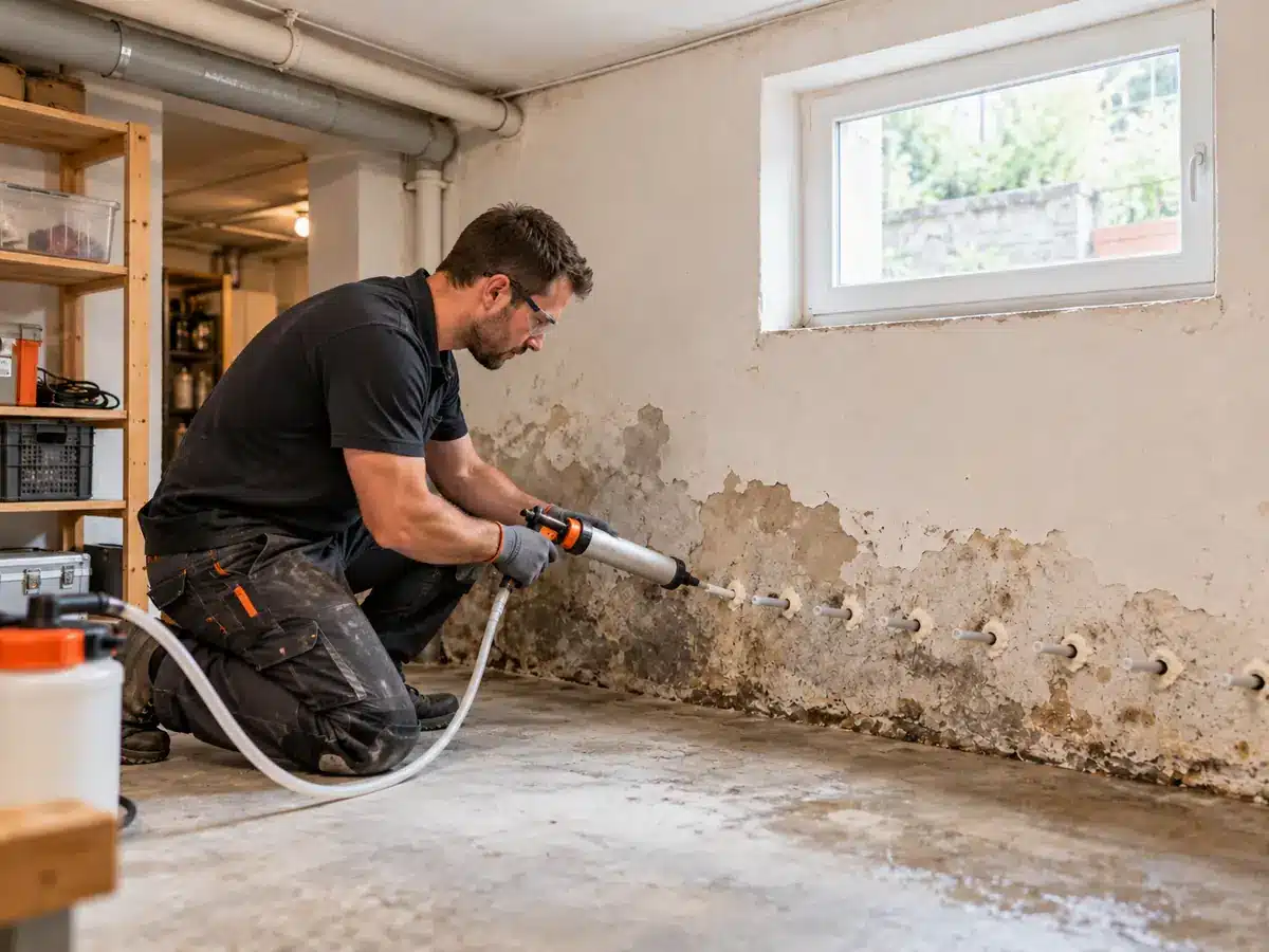 Handwerker verpresst Injektionsmittel in eine Bohrlochreihe für eine nachträgliche Horizontalsperre