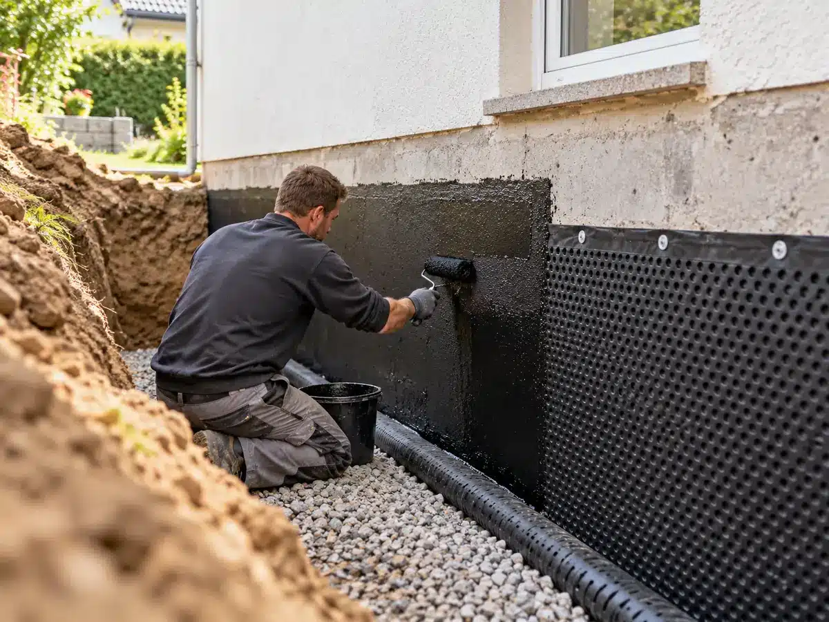 Handwerker trägt eine schwarze Bitumenabdichtung auf die freigelegte Kelleraußenwand auf, daneben Noppenbahn und Drainagerohr