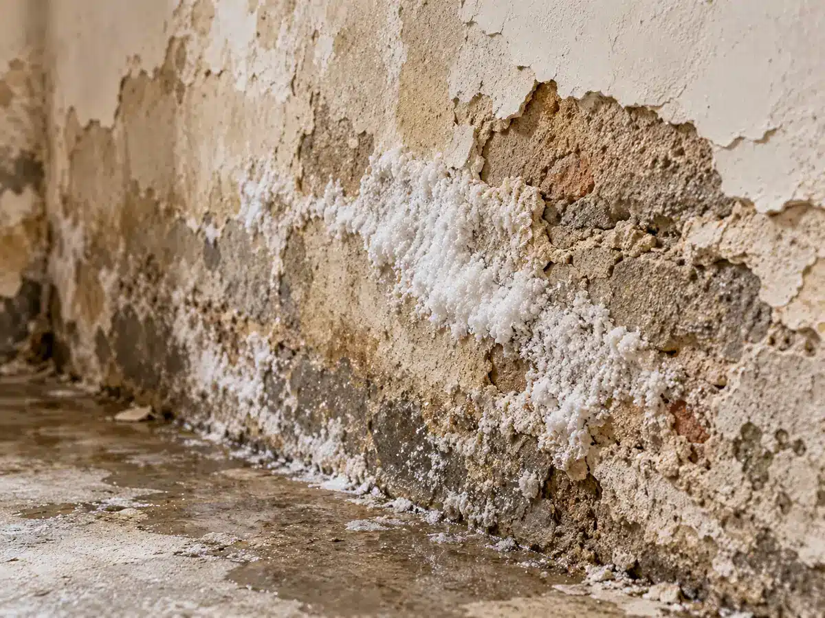 Weiße Salzausblühungen und abplatzender Putz auf einer feuchten Kellerwand