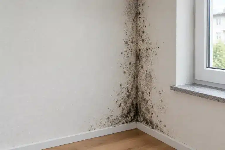 Dunkle Schimmelflecken in der Ecke einer Außenwand neben einem Fenster