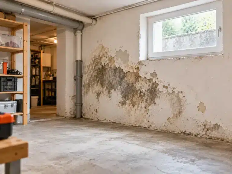 Feuchte Kellerwand mit dunklem Feuchtigkeitsrand, der vom Boden bis unter das Kellerfenster reicht